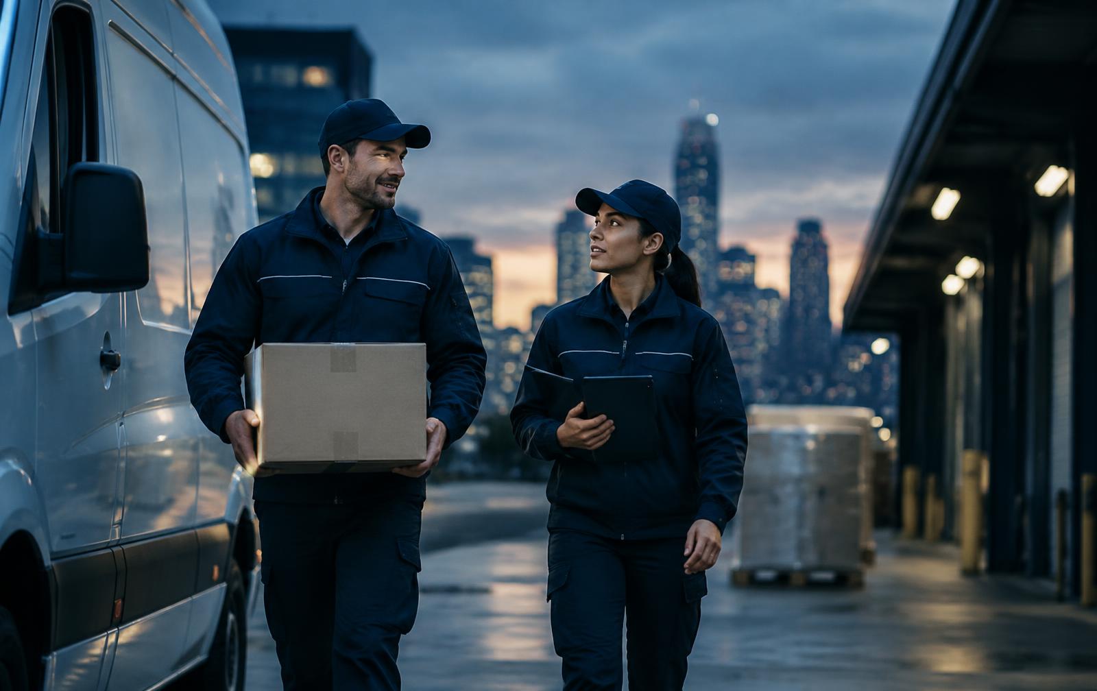 Two uniformed couriers walking beside a cargo van at a Houston loading dock