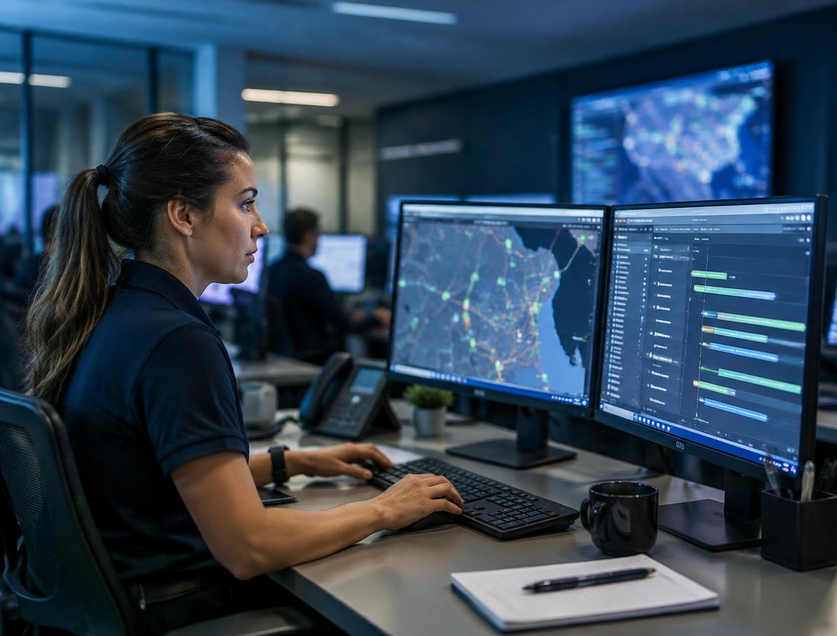 Dispatch coordinator reviewing live route maps in a logistics operations center