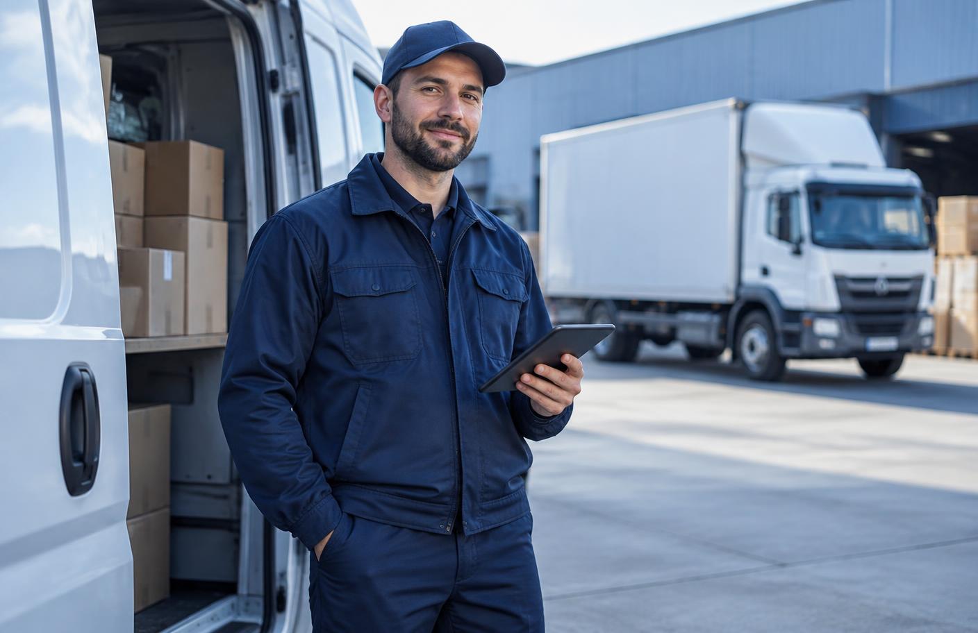 Independent contractor driver standing beside an open cargo van with a box truck behind