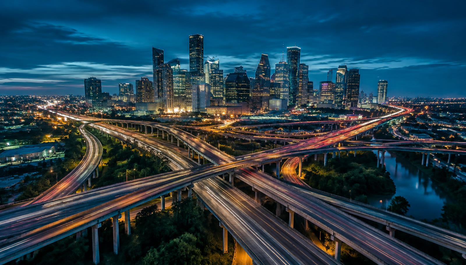 Houston freeway interchange and downtown skyline lit up at dusk