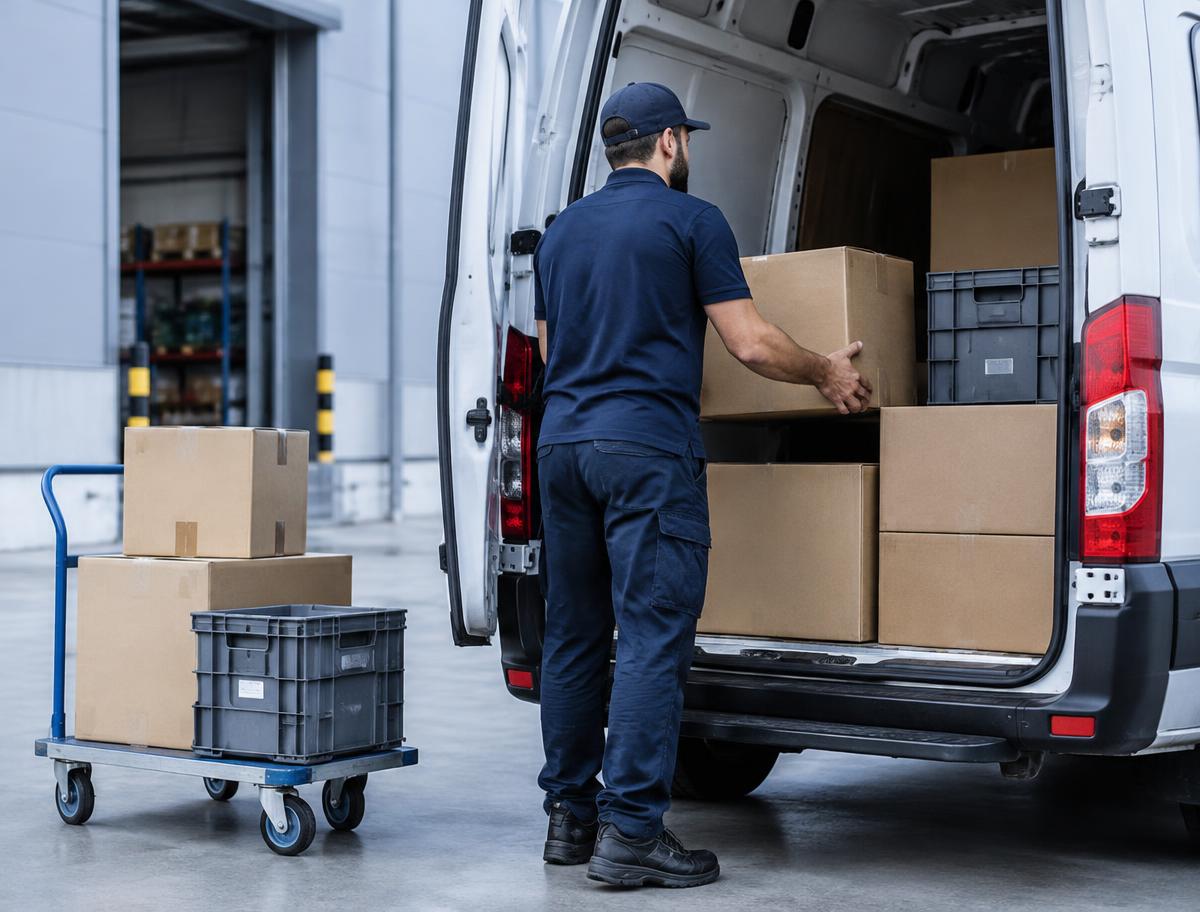Courier loading cardboard boxes and parts totes into a white cargo van at a warehouse bay