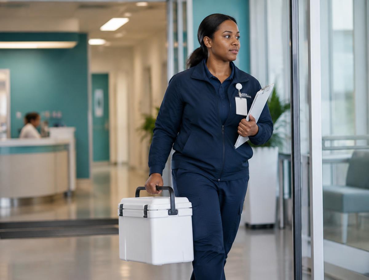 Medical courier carrying an insulated transport cooler through a clinic entrance